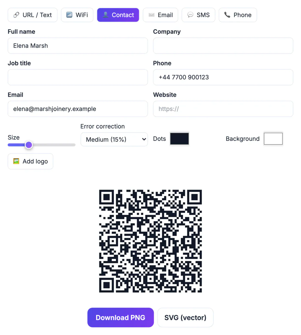 Contact QR Code Generator with Elena Marsh's name, +44 mobile and work email encoded as a vCard at Medium error correction