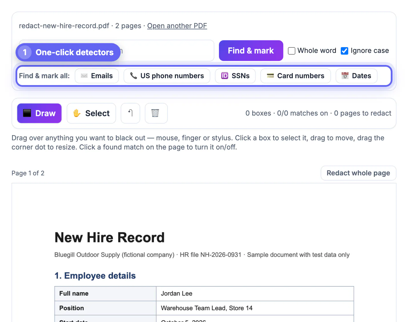 Redact PDF with new-hire-record.pdf open: search box, Find and mark button and one-click Emails, US phone numbers, SSNs, Card numbers and Dates buttons