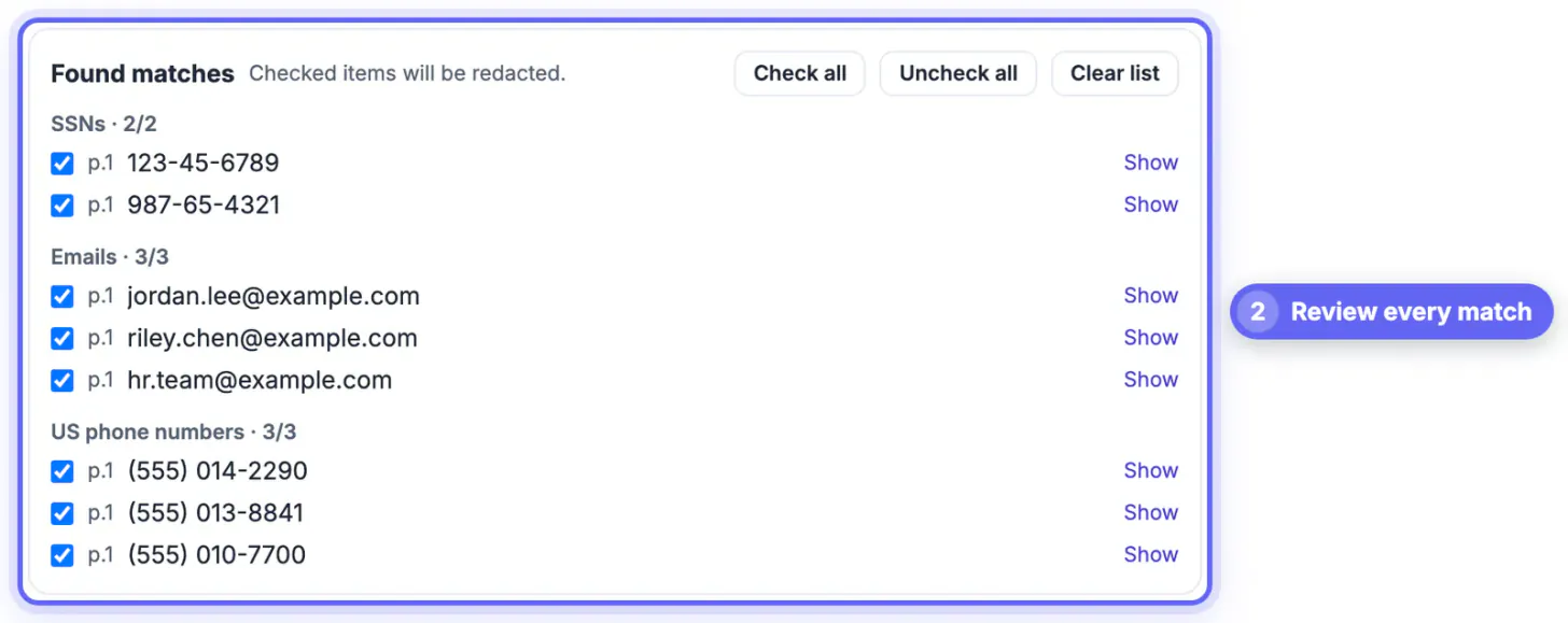 Found matches list: SSNs 2/2 (123-45-6789, 987-65-4321), three example.com email addresses and three 555 phone numbers, all checked