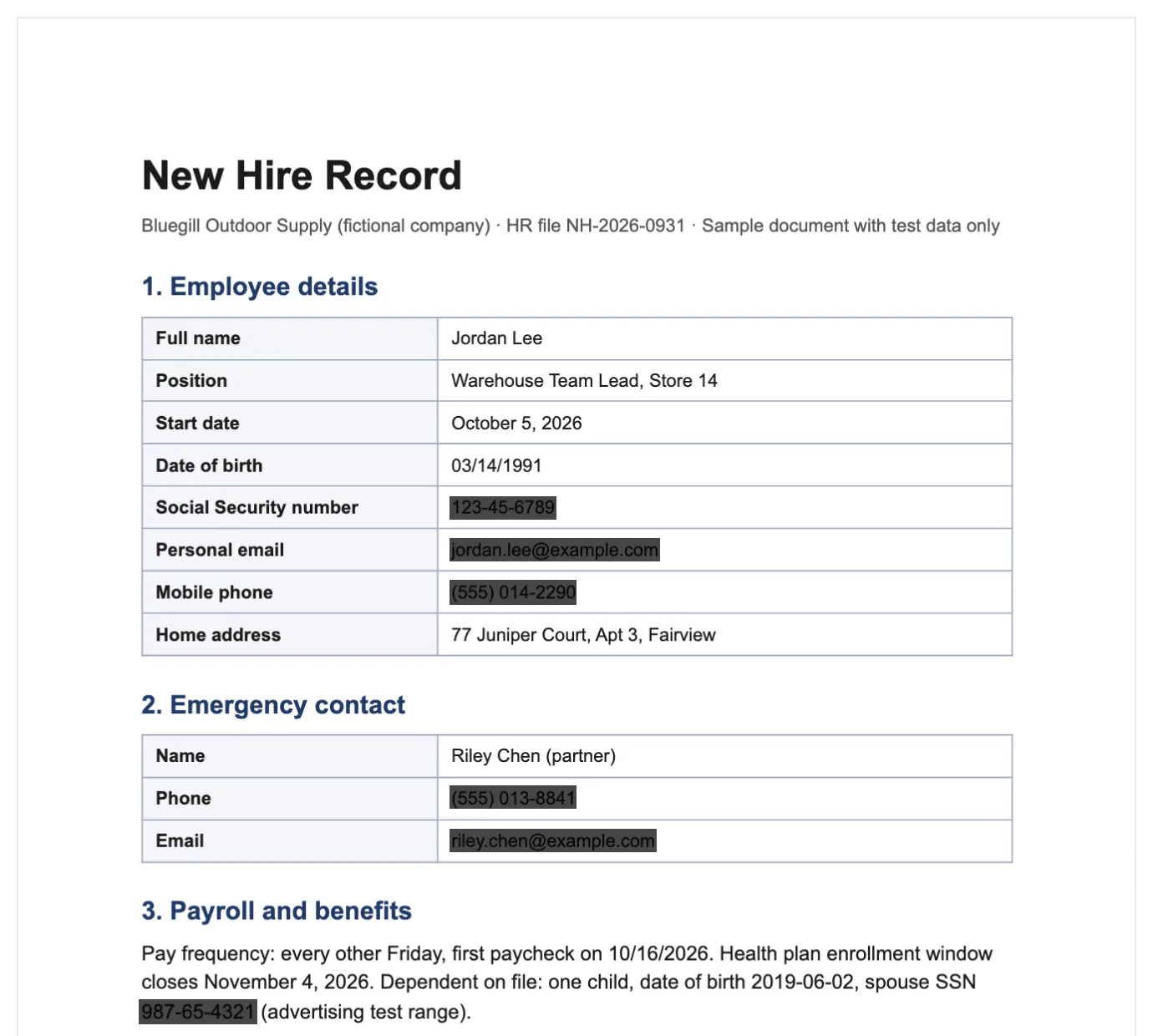 Page 1 of the new hire record with dark boxes over the SSN, email and phone fields while name, position and start date stay visible