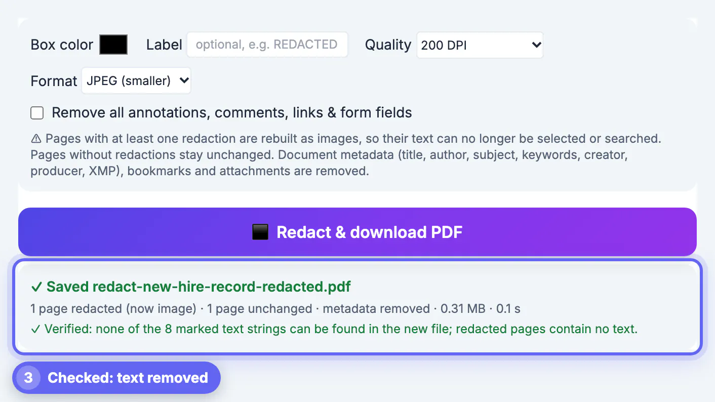 Export options set to 200 DPI JPEG, then the status line: 1 page redacted, 1 page unchanged, metadata removed, and a green Verified check