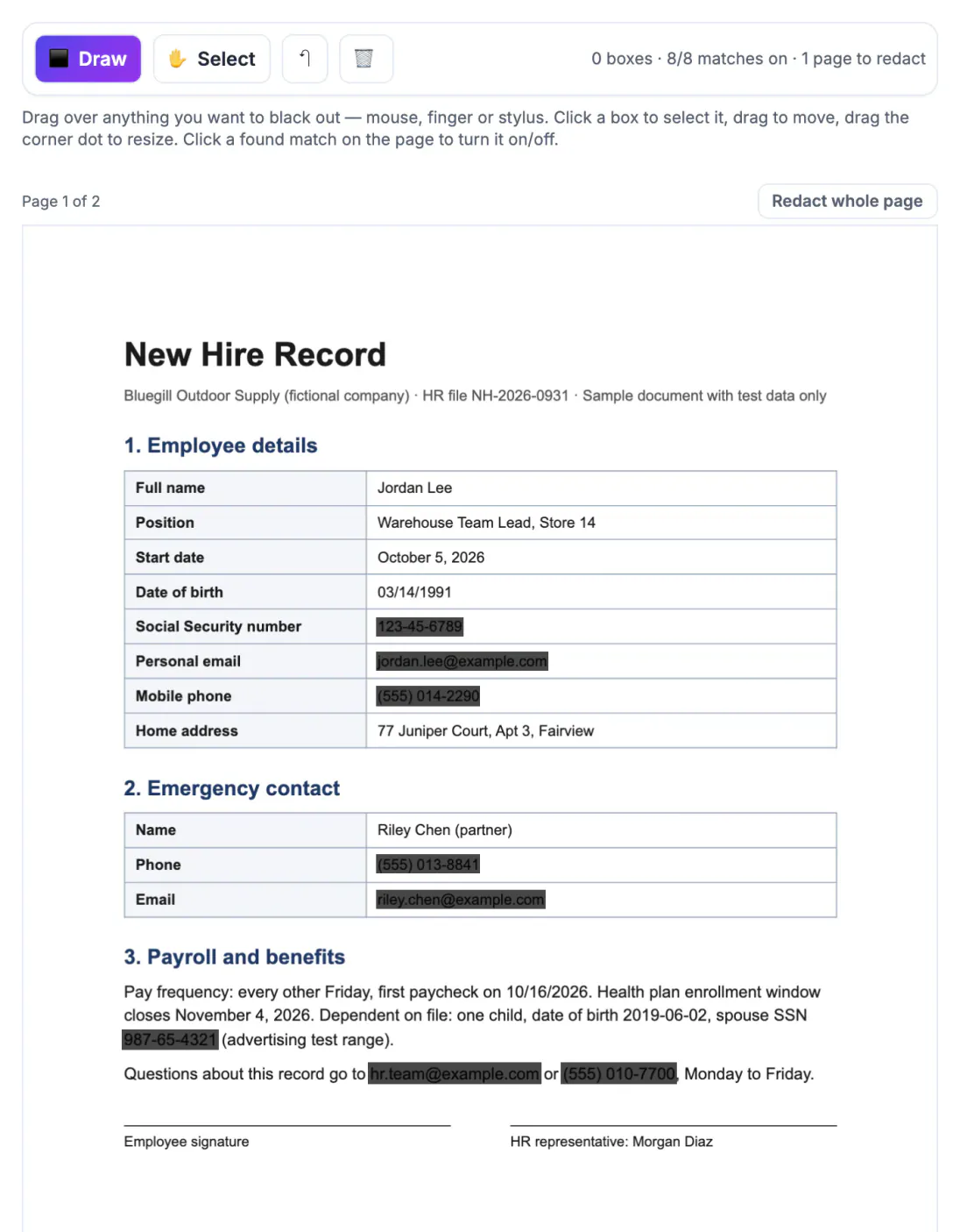 Redact PDF toolbar reading 8/8 matches on, 1 page to redact, above page 1 of the new hire record with the SSN, email and phone fields covered