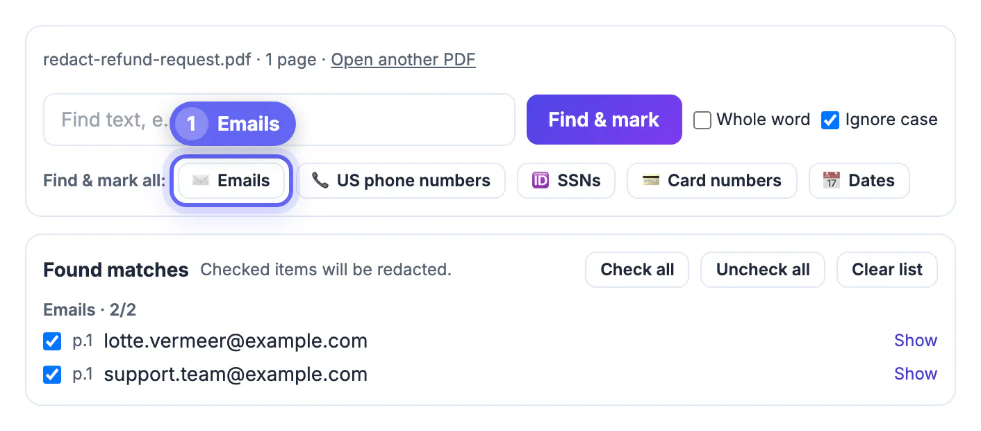 Emails button in Find and mark all has found 2 addresses in redact-refund-request.pdf: lotte.vermeer@example.com and support.team@example.com