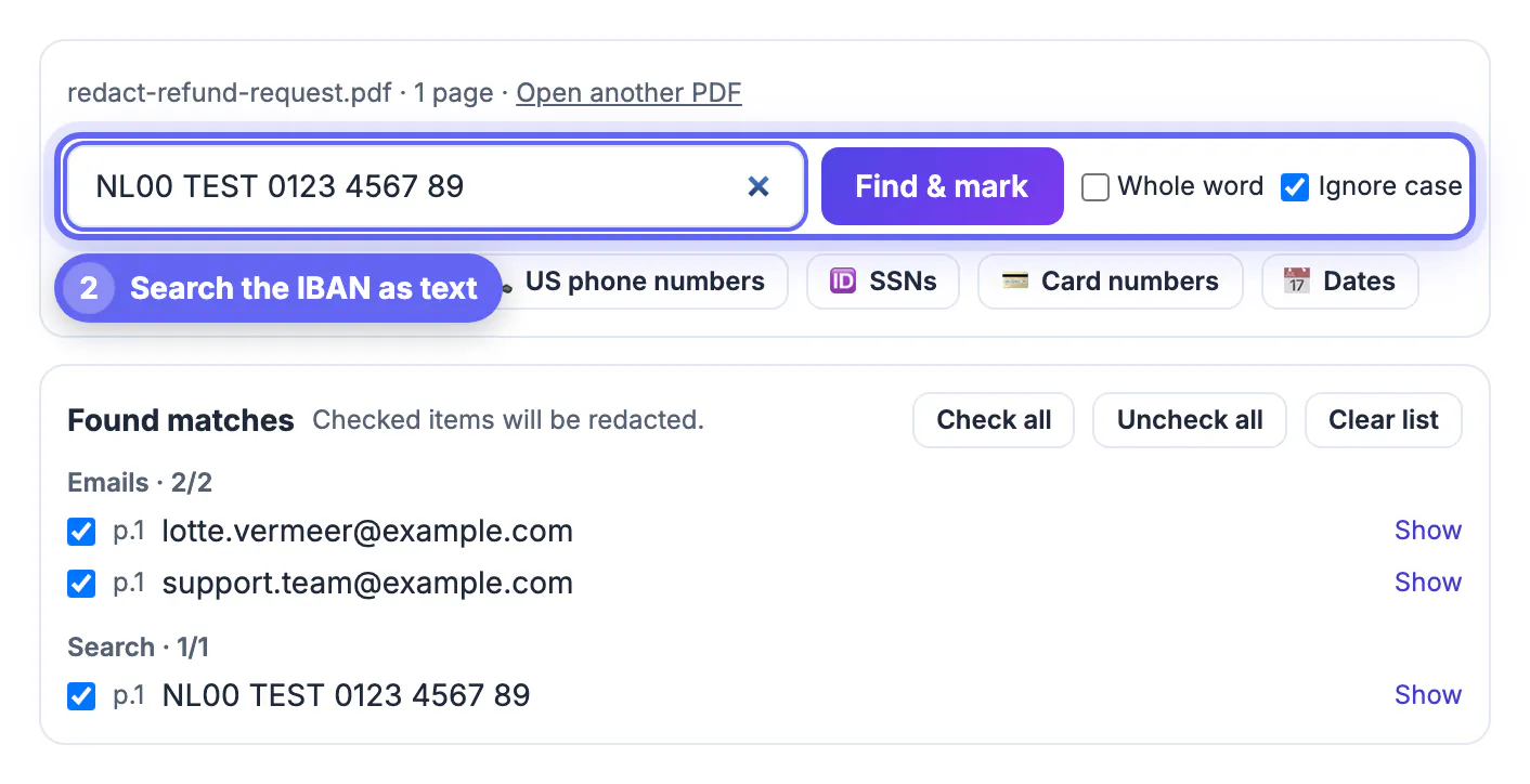 IBAN NL00 TEST 0123 4567 89 typed into the search box and marked with Find and mark, because IBANs are not auto-detected
