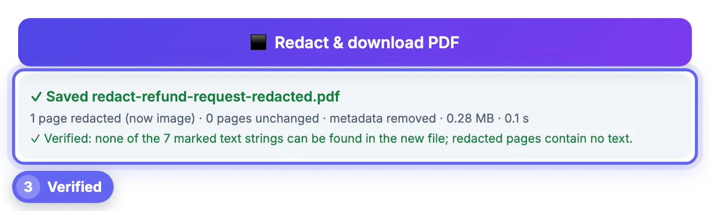 Saved redact-refund-request-redacted.pdf: 1 page redacted (now image), metadata removed, and Verified: none of the 7 marked text strings can be found