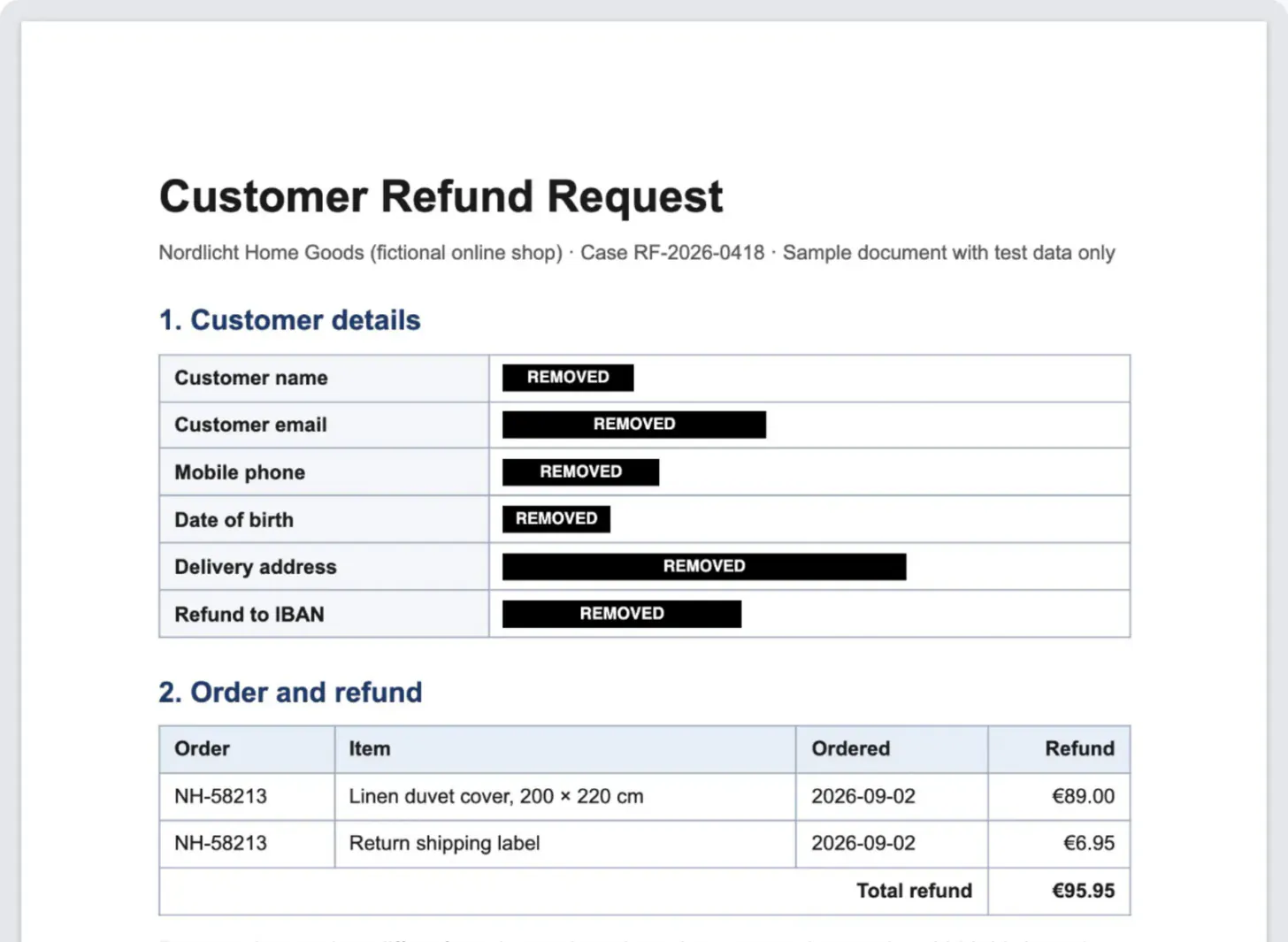 The saved redacted PDF reopened: solid black REMOVED bars replace the customer's name, email, phone, birth date, address and IBAN; order NH-58213 and €95.95 remain