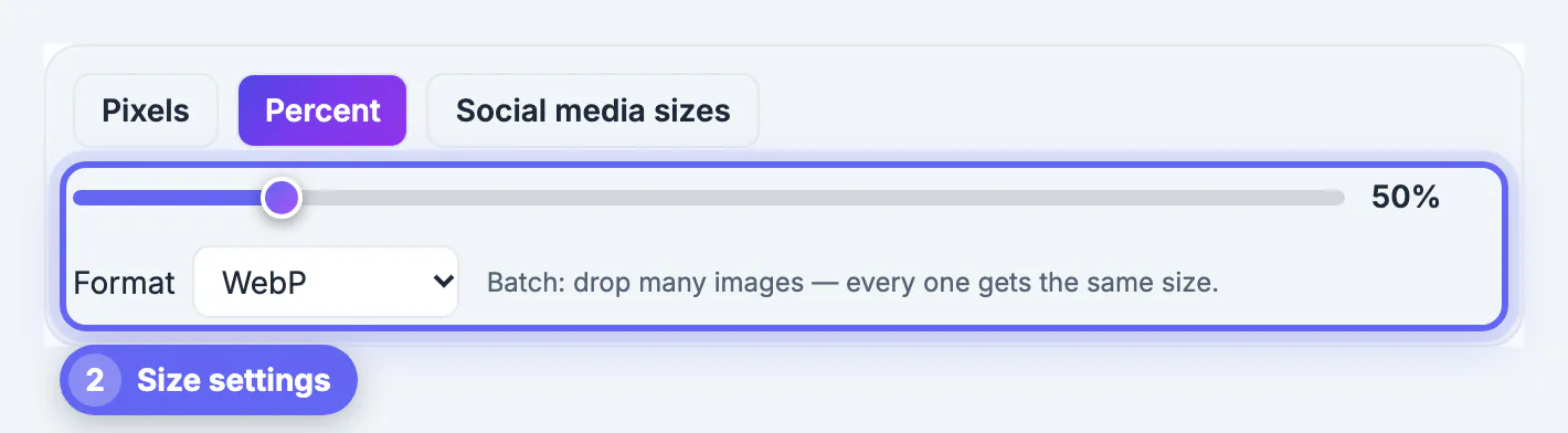 Percent mode with the slider at 50% and Format switched to WebP for the whole batch