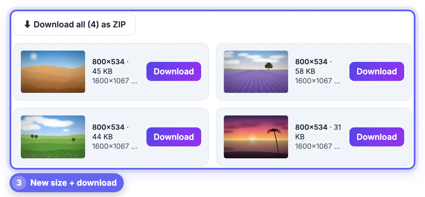 Four result cards at 800ร534 in WebP with a Download all (4) as ZIP button above them