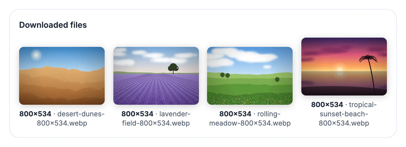 Four resized 800ร534 WebP files side by side: desert dunes, lavender field, rolling meadow and tropical sunset