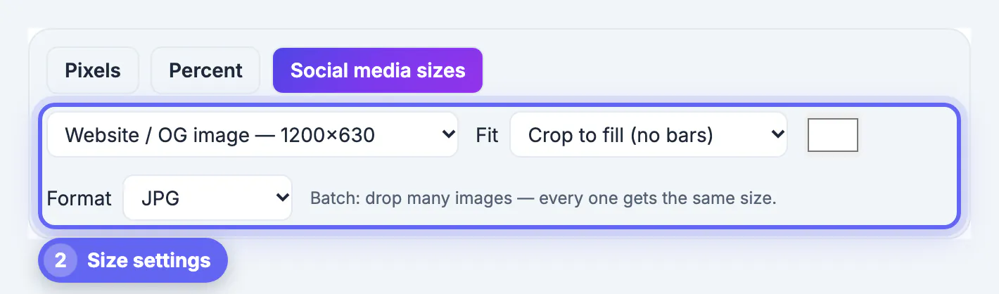 Website / OG image — 1200×630 preset with Crop to fill and JPG output