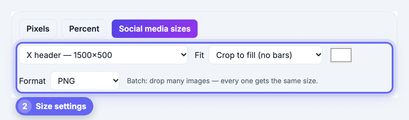 X header — 1500×500 preset selected with Crop to fill and Format set to PNG