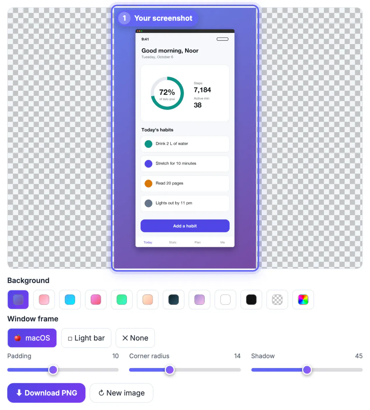 Screenshot Beautifier with a tall habit tracker app screenshot wrapped in the default royal purple gradient and the macOS window frame, Background and Window frame chips below