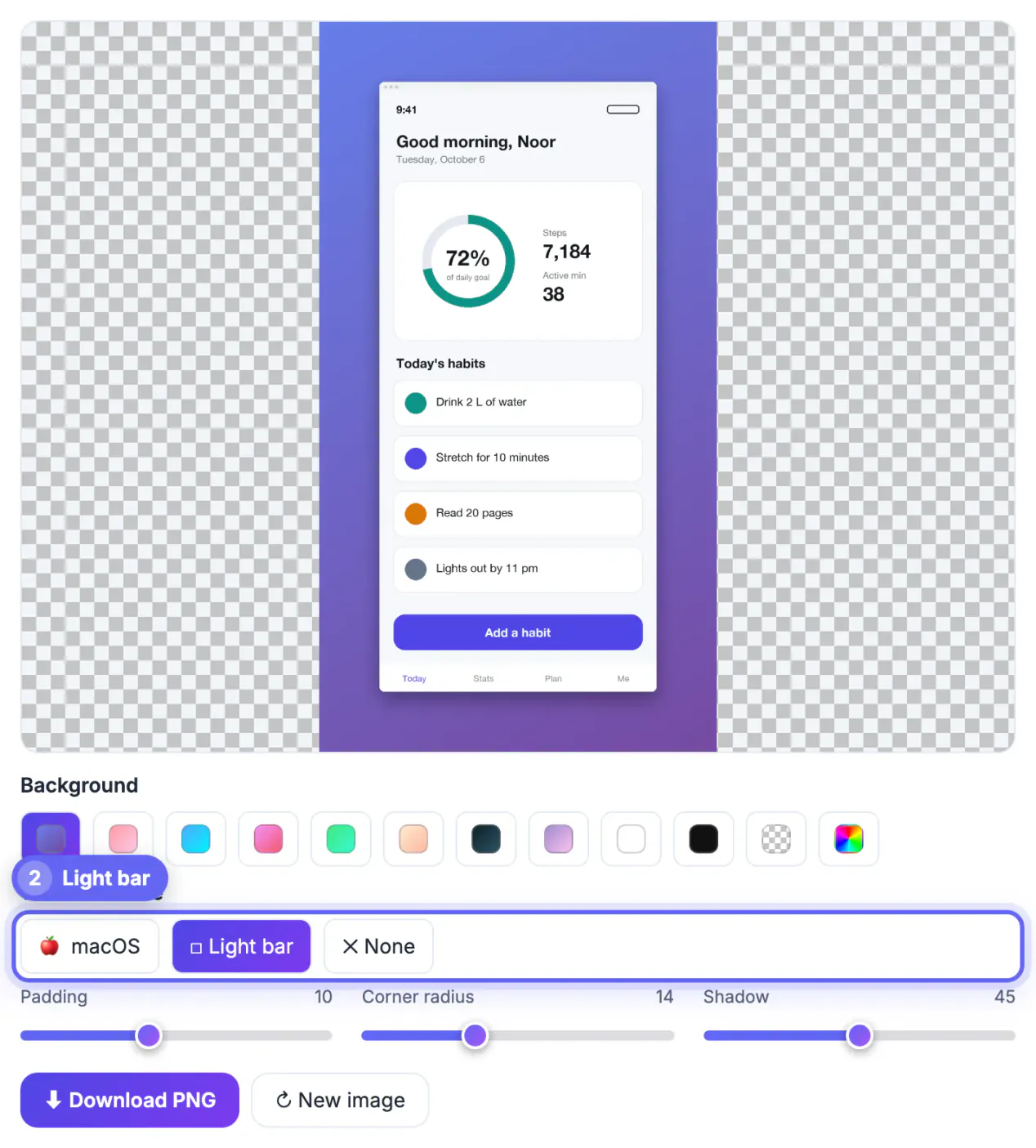 Light bar window frame chosen for the app screenshot, with the macOS and None options beside it