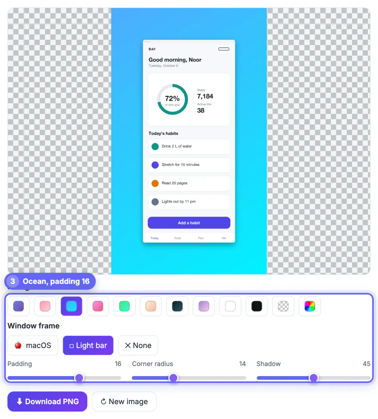 Ocean blue gradient background chip selected behind the app screenshot, with the padding slider at 16