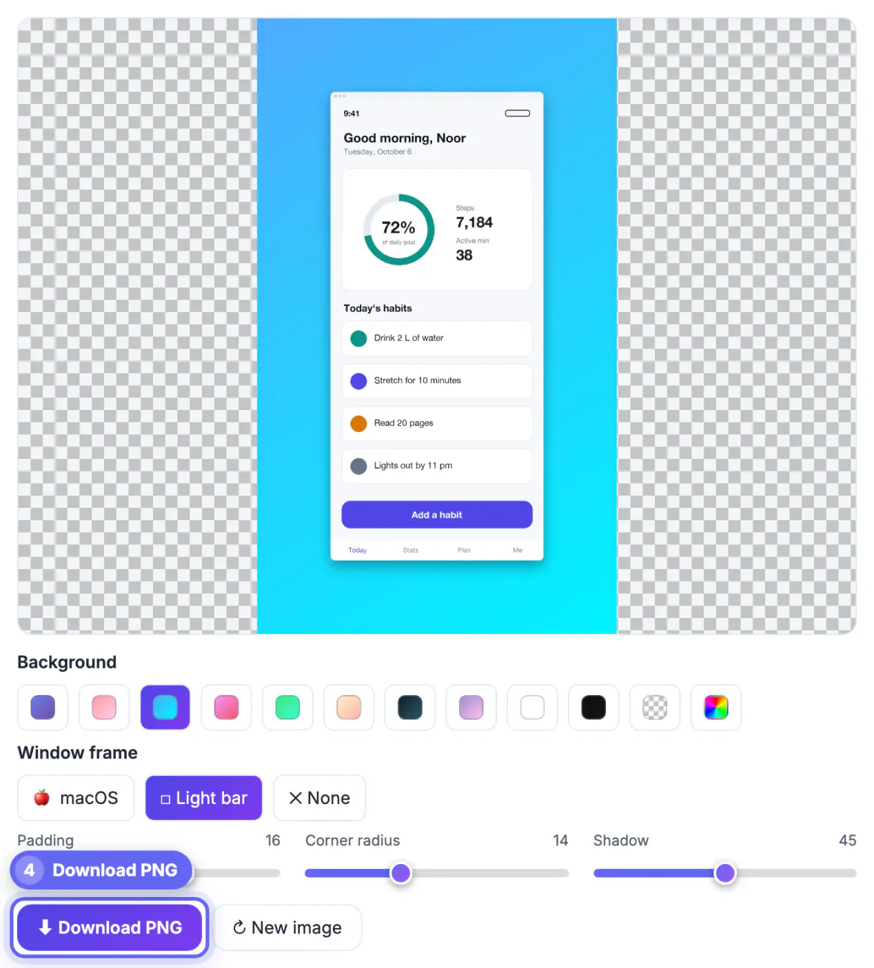 Download PNG button under the framed habit app screenshot on an ocean gradient with Corner radius and Shadow sliders