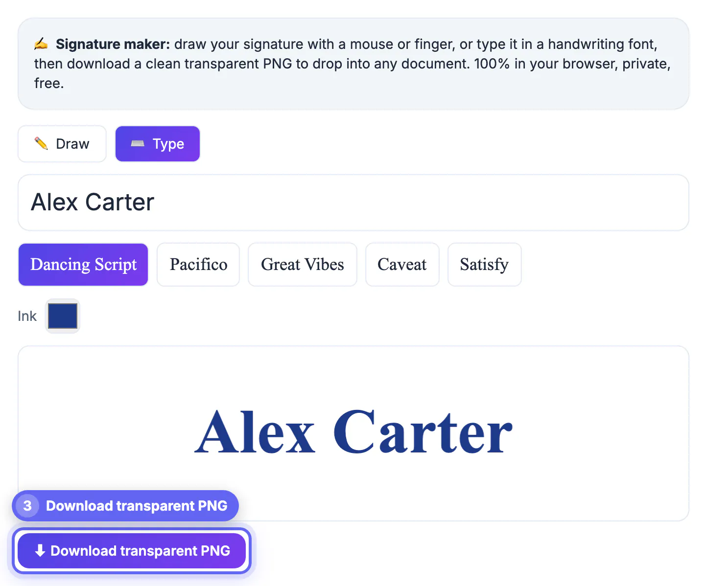 Download transparent PNG button below the typed Alex Carter signature preview