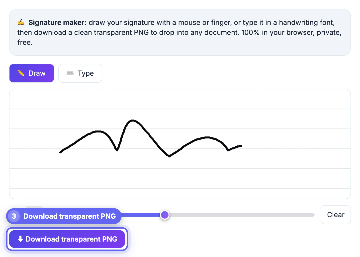 Download transparent PNG button highlighted under the signature pad