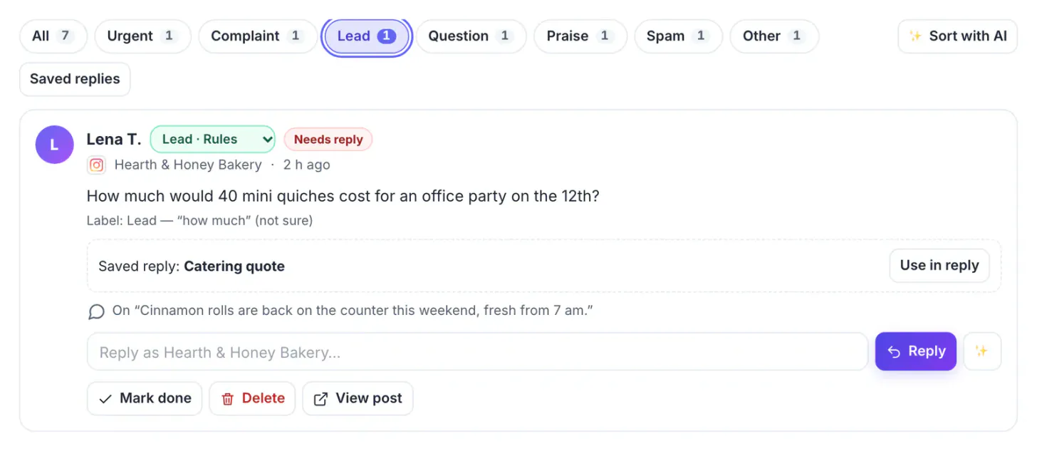 Lead filter chip selected: Lena T. asks how much 40 mini quiches would cost for an office party, with the Catering quote saved reply suggested under the comment