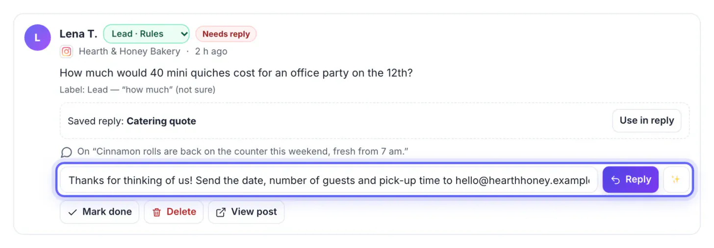 The saved Catering quote reply placed in the reply box under Lena's question, ready to edit before pressing Reply