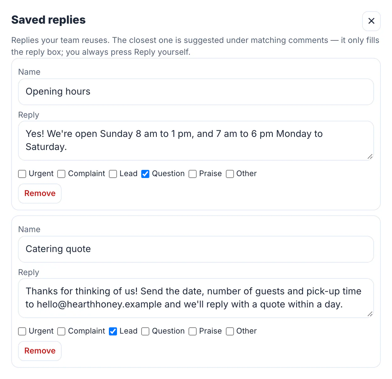 Saved replies dialog listing Opening hours, Catering quote and Allergy or safety concern, each with its text and the labels it is suggested for