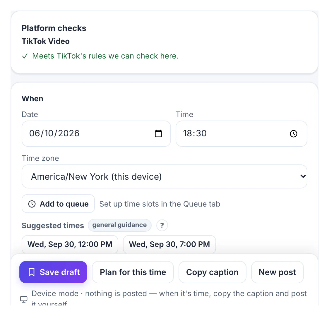 TikTok Video check reading Meets TikTok's rules we can check here for the 720 by 1280 basil clip, above the When box set to October 6 at 6:30 PM