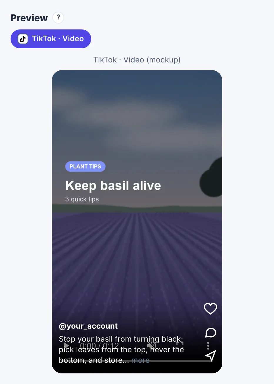 TikTok mockup of the basil video with the Keep basil alive title card and the caption over the bottom of the vertical frame beside the side buttons