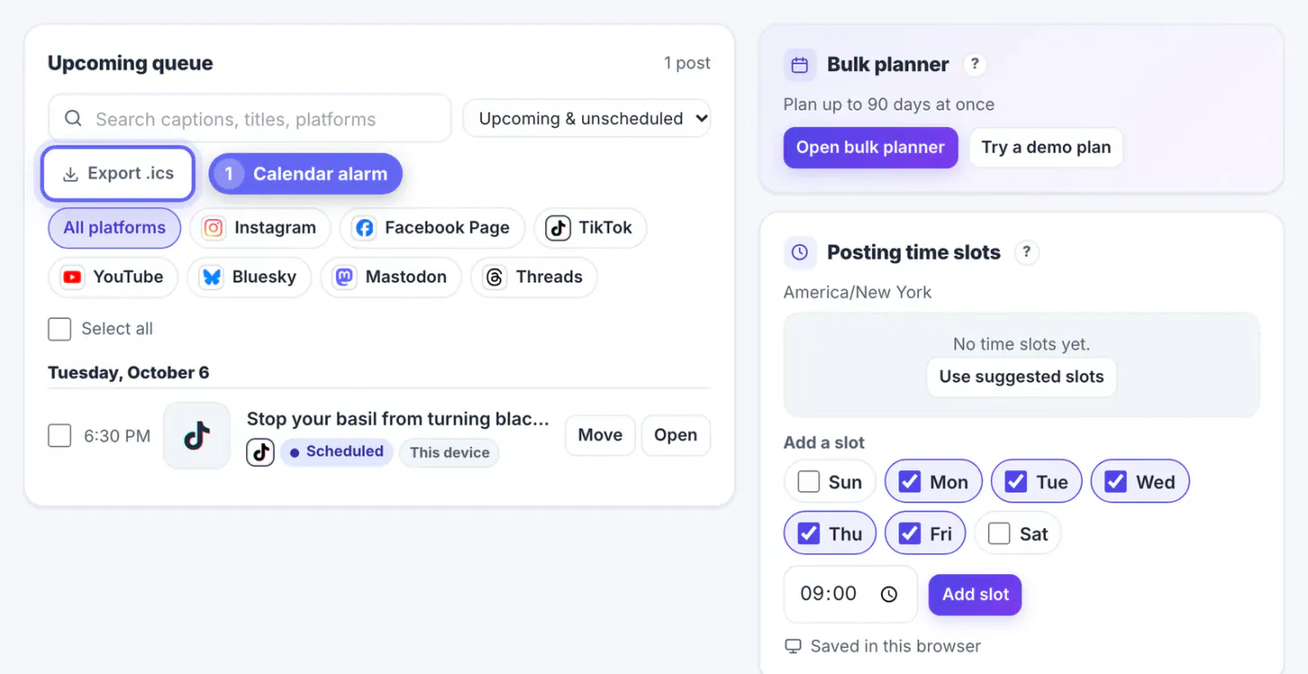 Upcoming queue listing the basil tip for TikTok on Tuesday October 6 at 6:30 PM with Scheduled and This device badges, and the Export .ics button marked