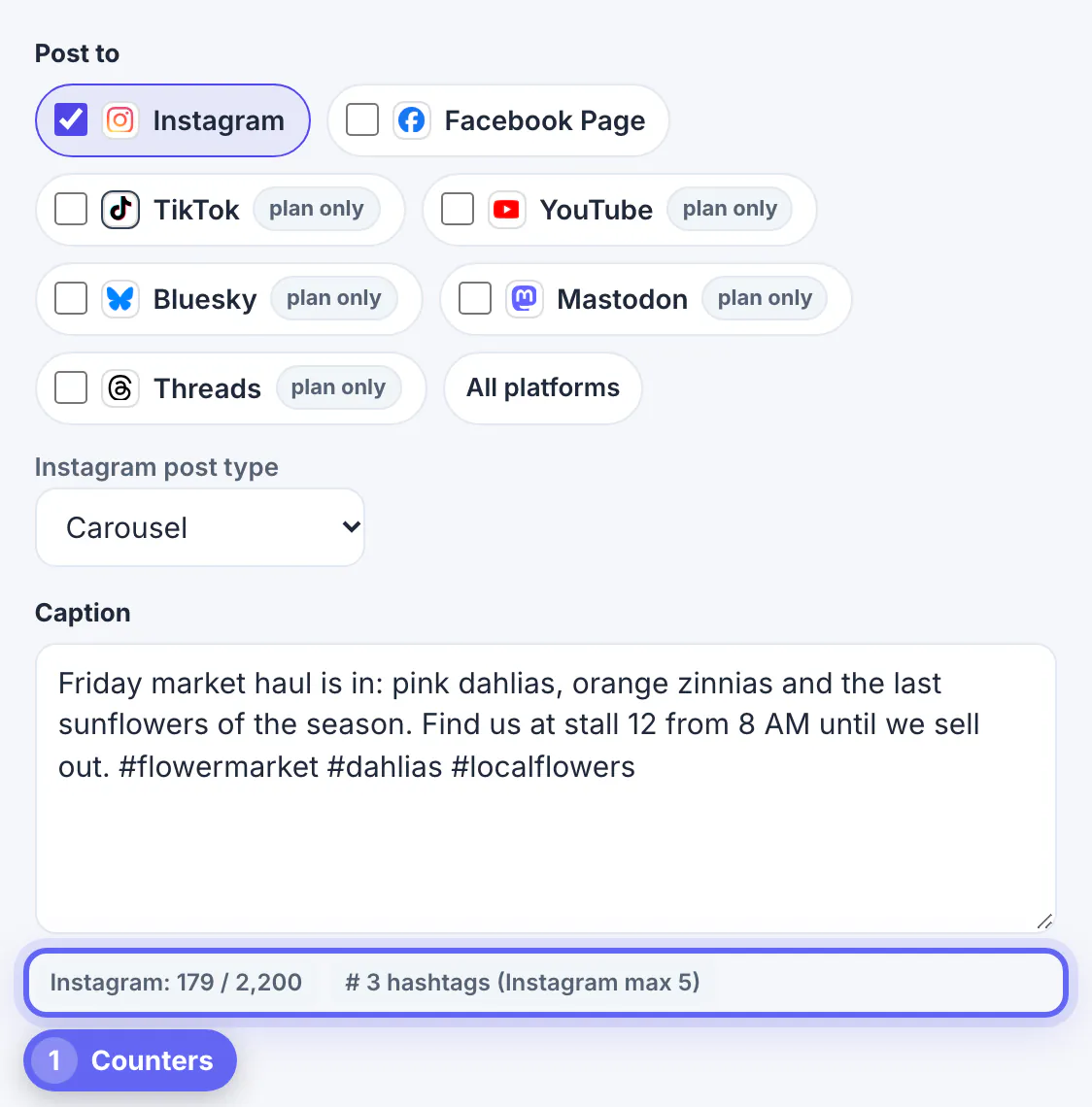 Instagram ticked with the post type set to Carousel and the Friday market caption, with the counter at 179 of 2,200 characters and 3 hashtags