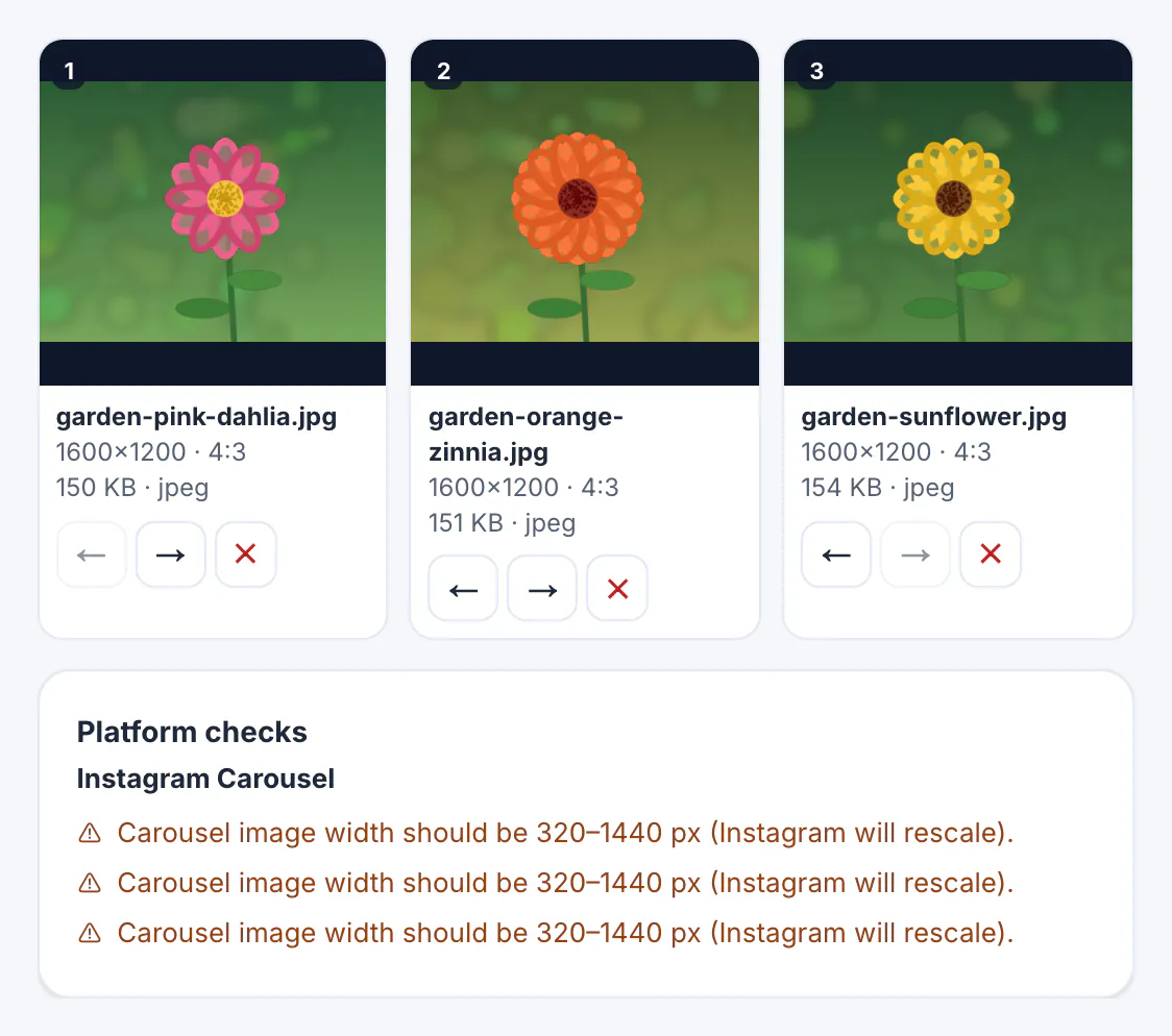 Three flower photos in carousel order, dahlia, zinnia and sunflower, with the Instagram Carousel check warning that each 1600 px wide image will be rescaled to 320 to 1440 px
