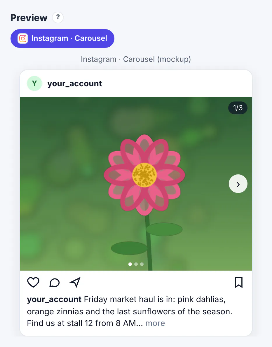 Instagram carousel mockup for the florist post opening on the pink dahlia photo, marked 1 of 3, with the Friday market caption underneath