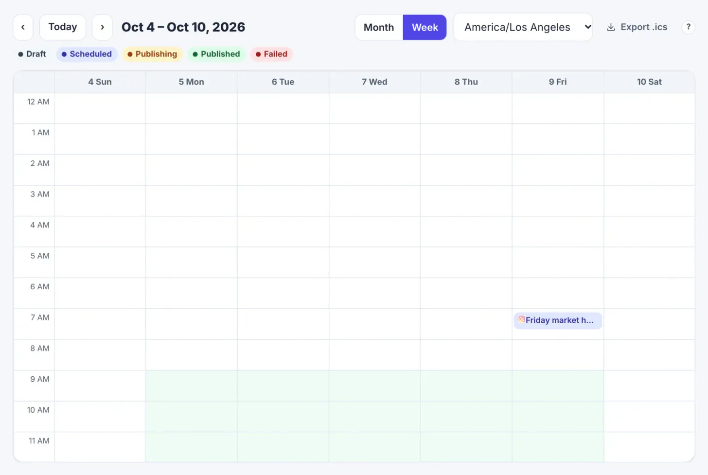 Week view of the calendar with the florist's carousel planned for Friday October 9 at 7:00 AM in the America/Los Angeles time zone