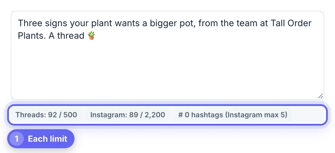 Threads and Instagram both ticked for the plant shop post, with separate counters for Threads out of 500 and Instagram out of 2,200 characters