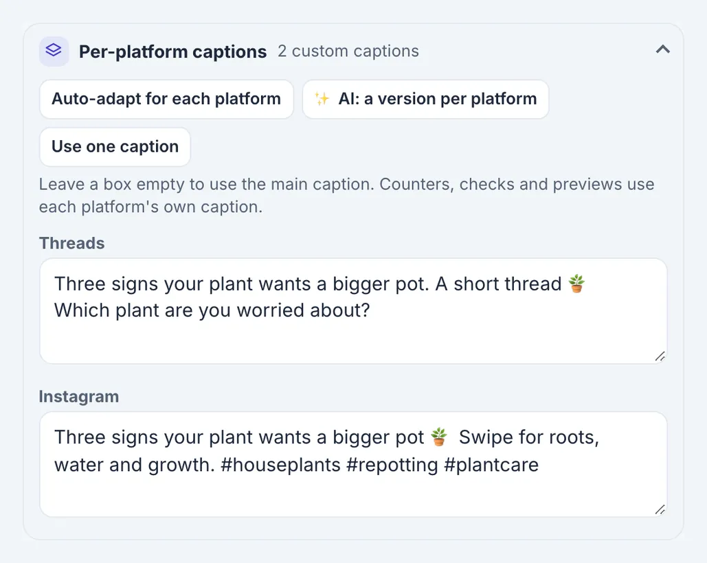 Per-platform captions open with a Threads version ending in a question and an Instagram version with three hashtags