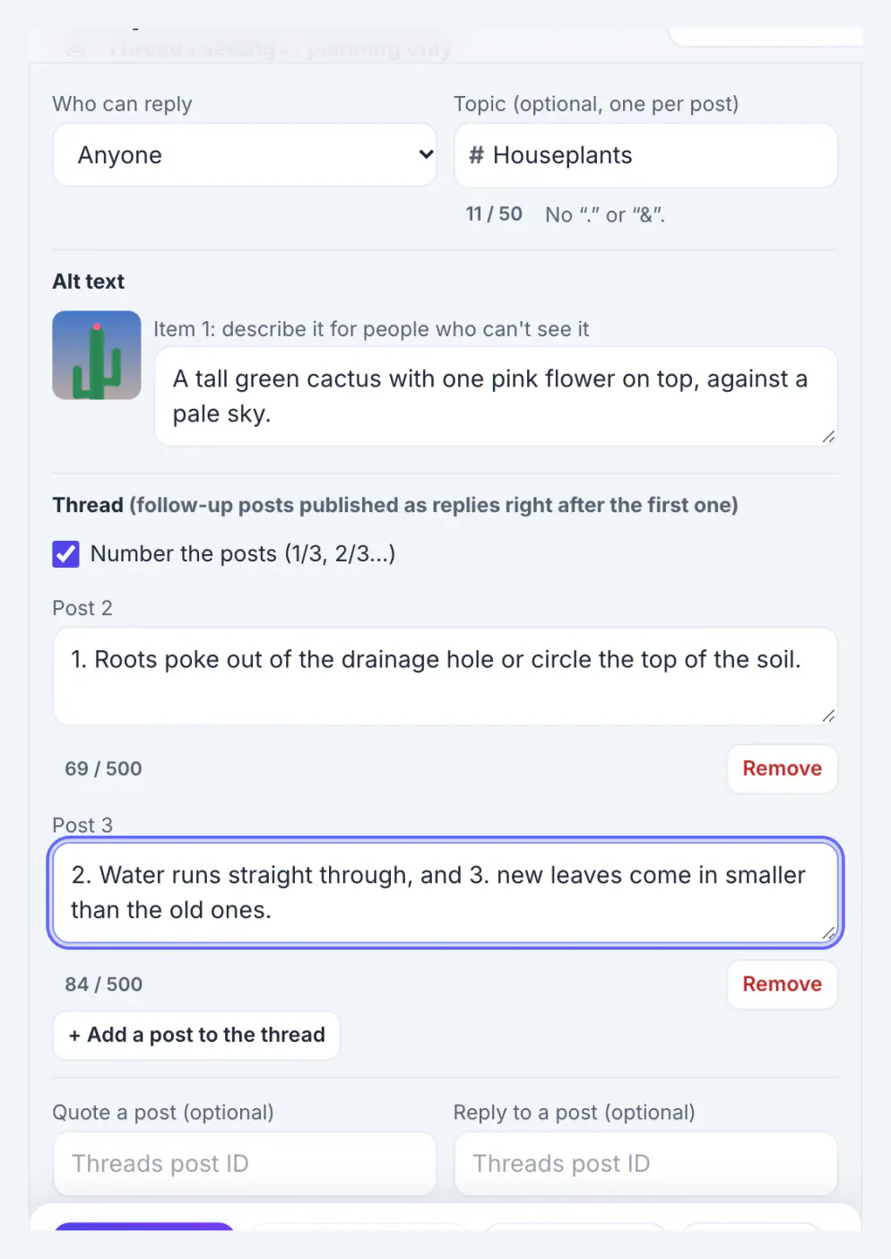 Threads settings with replies open to anyone, the topic tag Houseplants, alt text for the cactus photo and two numbered follow-up posts