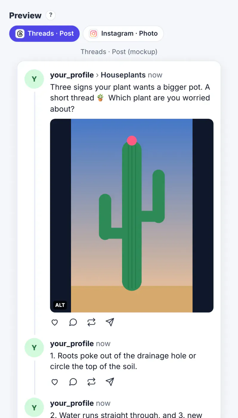 Threads post mockup for Tall Order Plants showing the conversational first post with the tall cactus photo