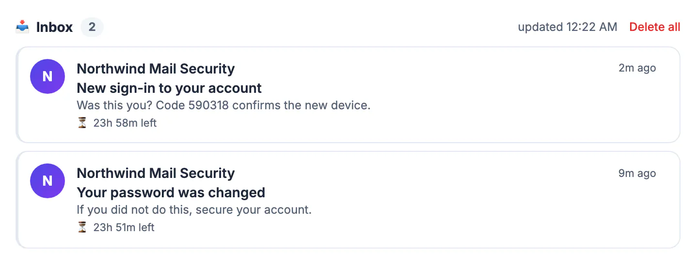 Inbox with two security messages: 'New sign-in to your account' and 'Your password was changed'