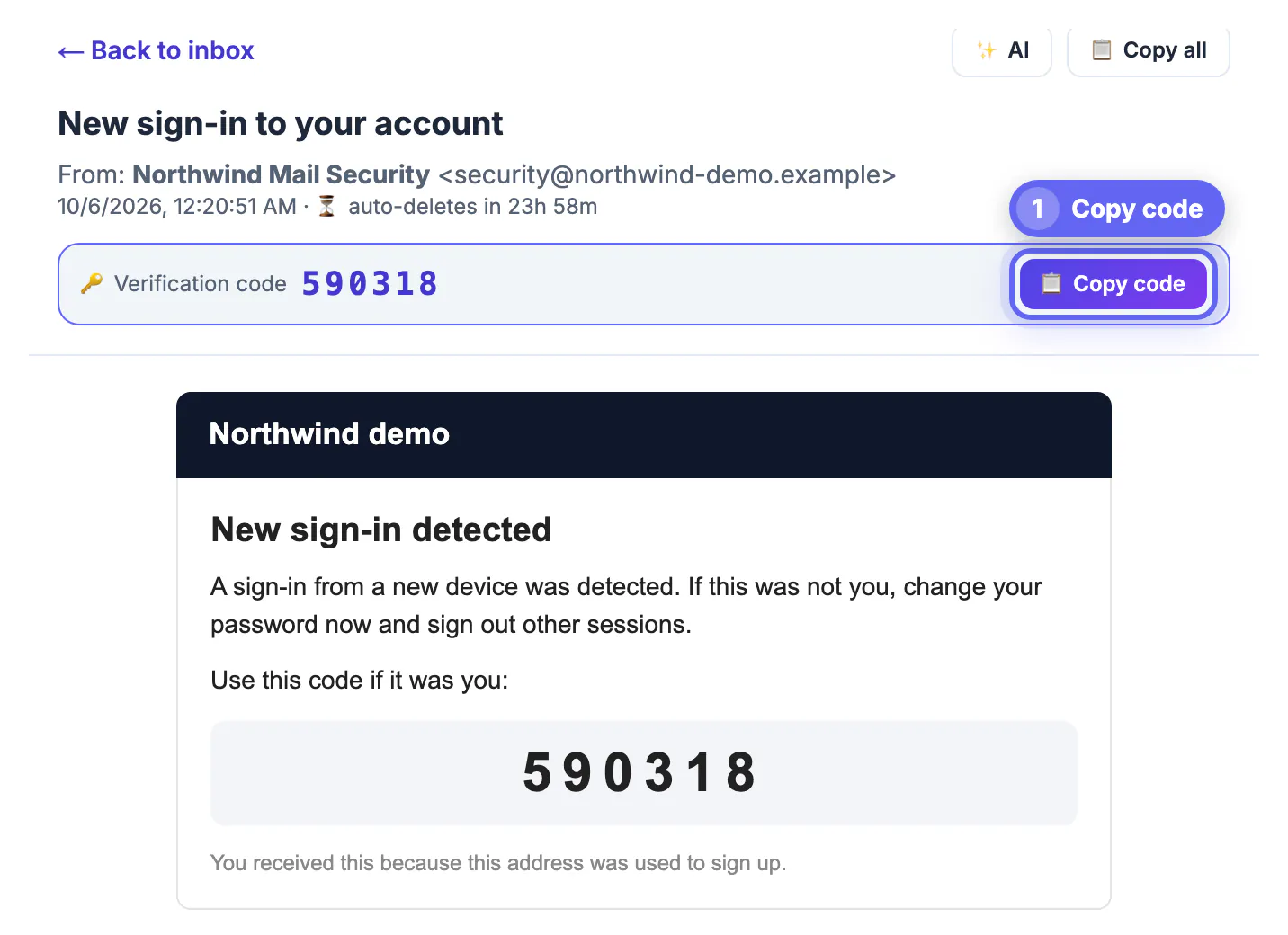 Opened 'New sign-in detected' email with a confirmation code 590318 detected and a warning to change the password if it was not you