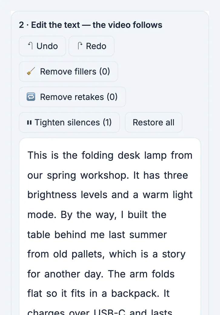 Transcript of the 0:23.6 folding desk lamp demo in the editor, starting This is the folding desk lamp from our spring workshop