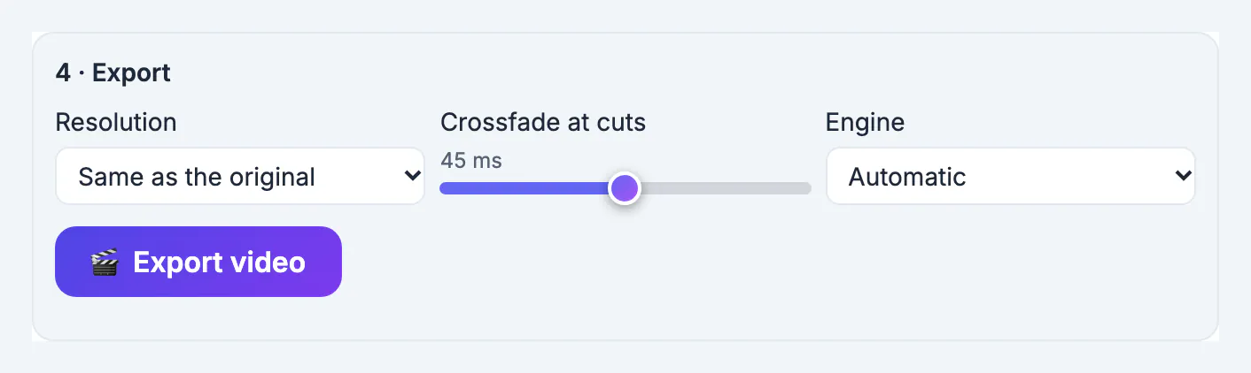 Export settings: resolution same as the original, crossfade at cuts 45 ms and the engine choice, above the Export video button