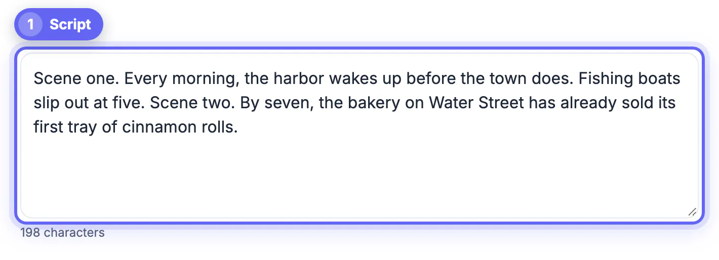 Two-scene video script about a harbor town tightened for speech and pasted into Text to Speech