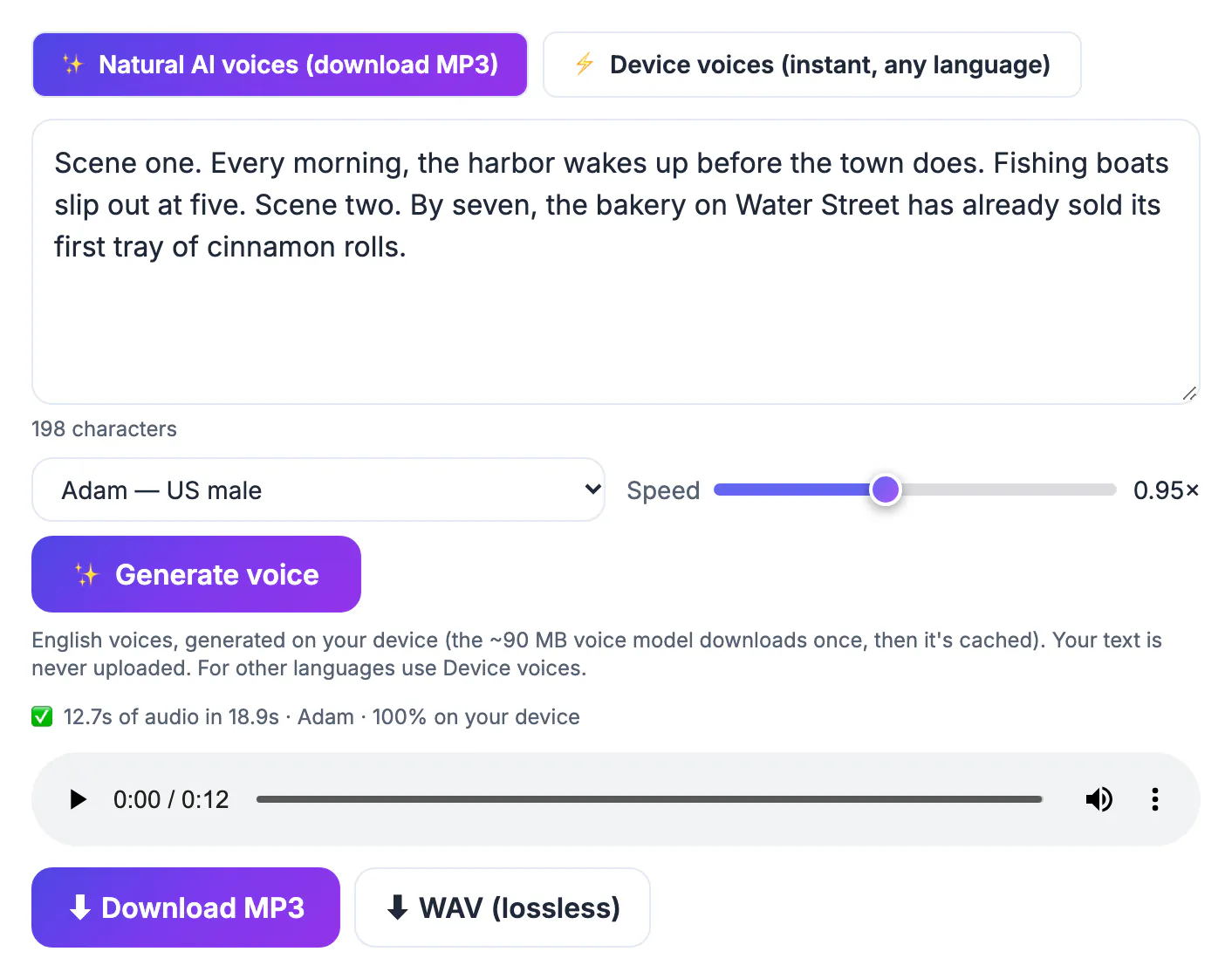 Text to Speech with the harbor town scene script and the Adam voiceover that sets the video's timing