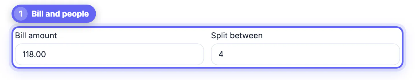 Tip calculator with a $118.00 dinner bill split between 4 people