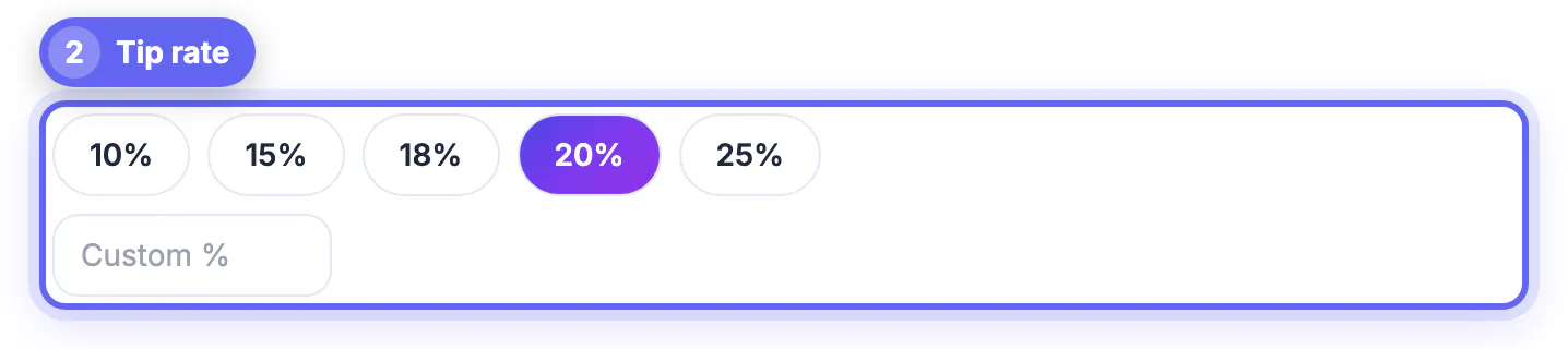 20% tip button selected for a full-service dinner