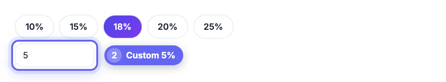 Custom % box set to 5 for a European round-up; the typed 5 overrides the still-shaded 18% preset