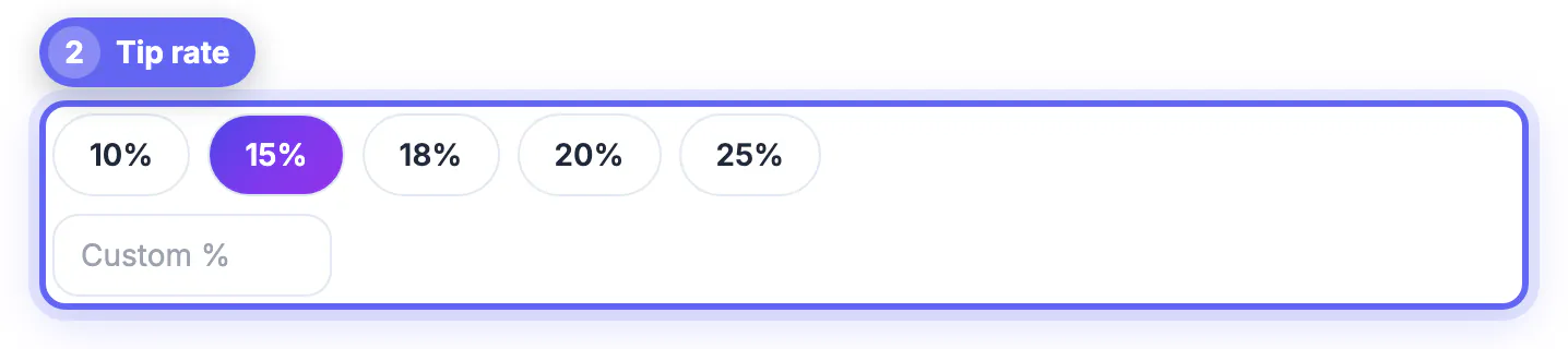 15% tip button highlighted in the tip presets
