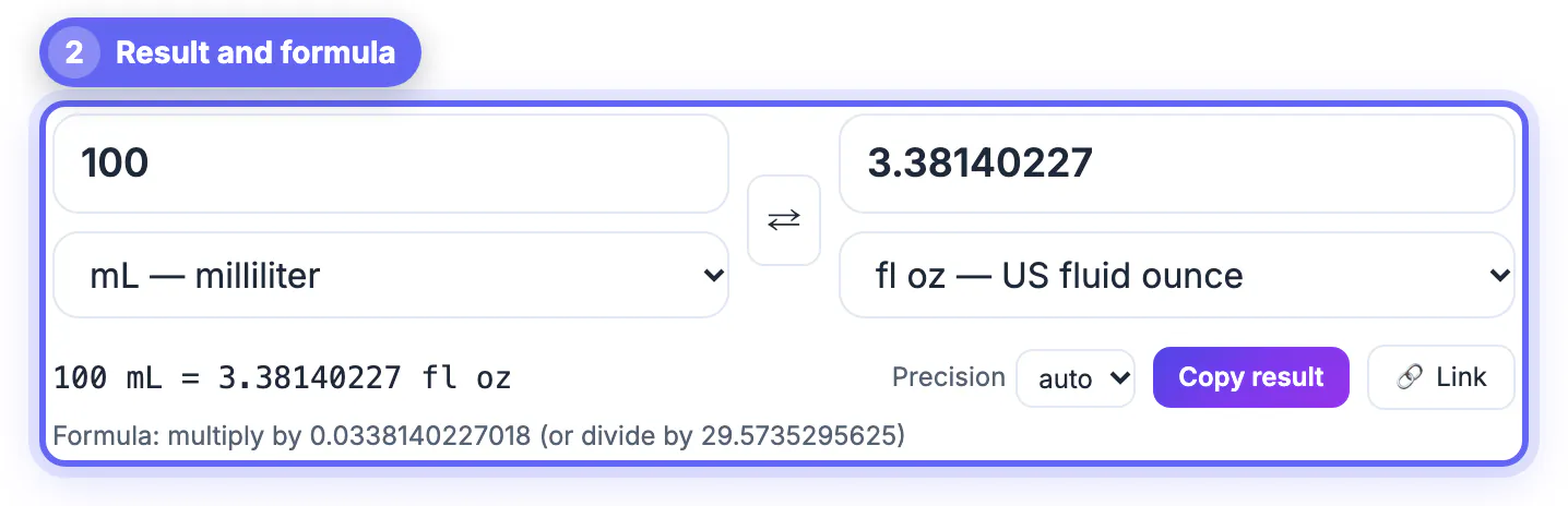 100 mL converts to about 3.3814 US fluid ounces, with the formula dividing by 29.5735