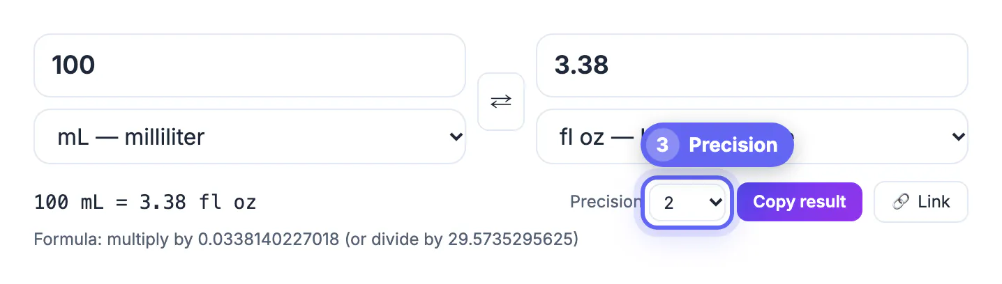Precision set to 2 decimals so 100 mL reads as 3.38 US fl oz