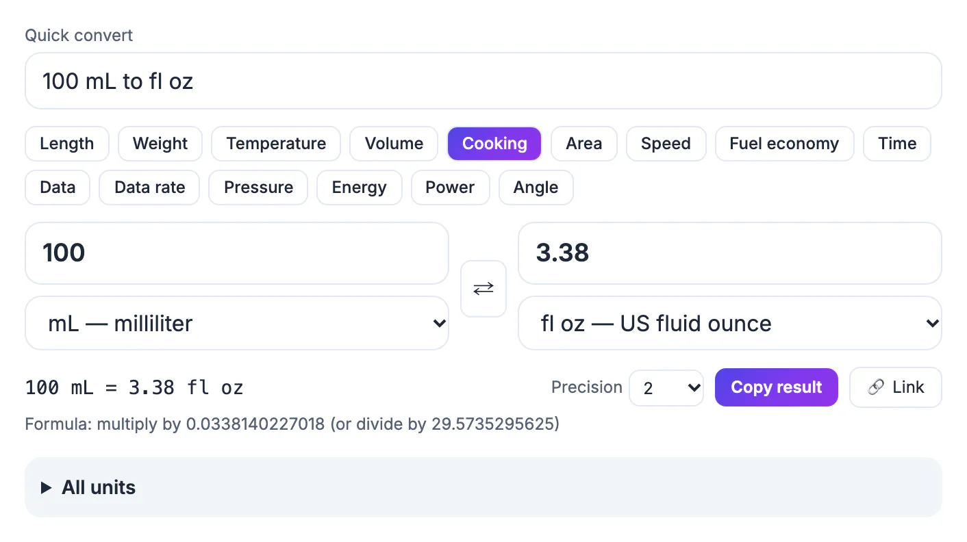 Unit Converter converting 100 mL to 3.38 US fluid ounces