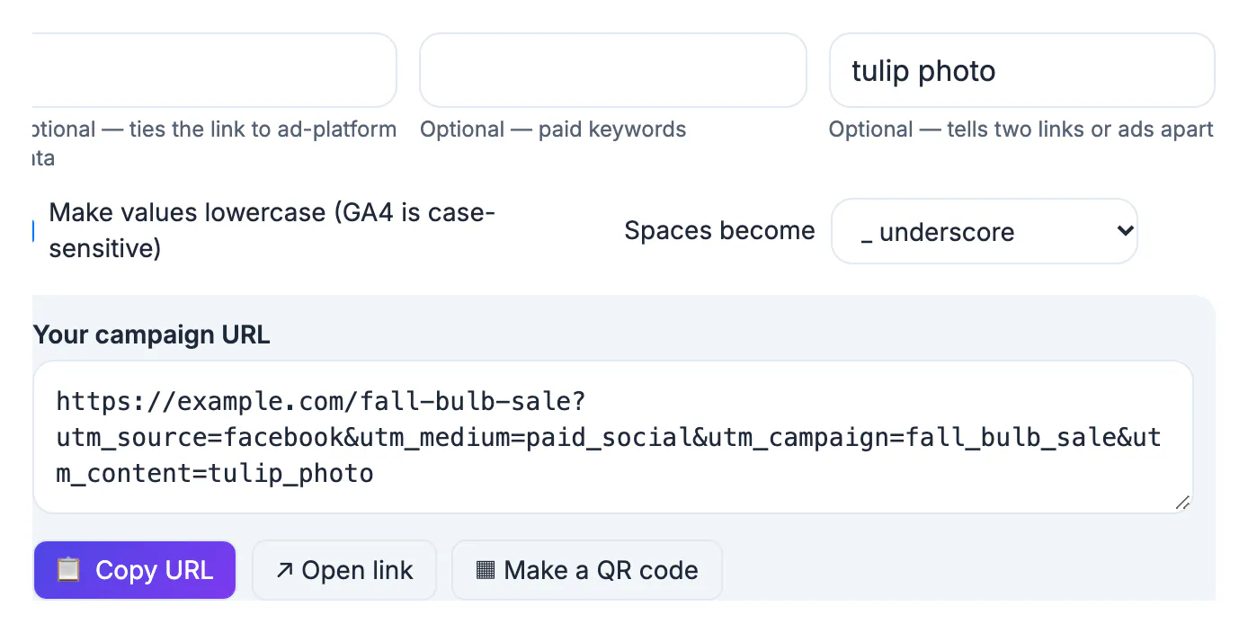 Finished campaign URL ending in utm_source=facebook, utm_medium=paid_social, utm_campaign=fall_bulb_sale and utm_content=tulip_photo, with Copy URL and Open link buttons