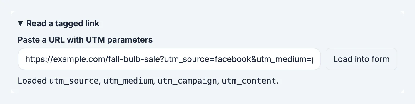 Read a tagged link panel with the daffodil video ad URL pasted and loaded into the form: utm_source, utm_medium, utm_campaign and utm_content